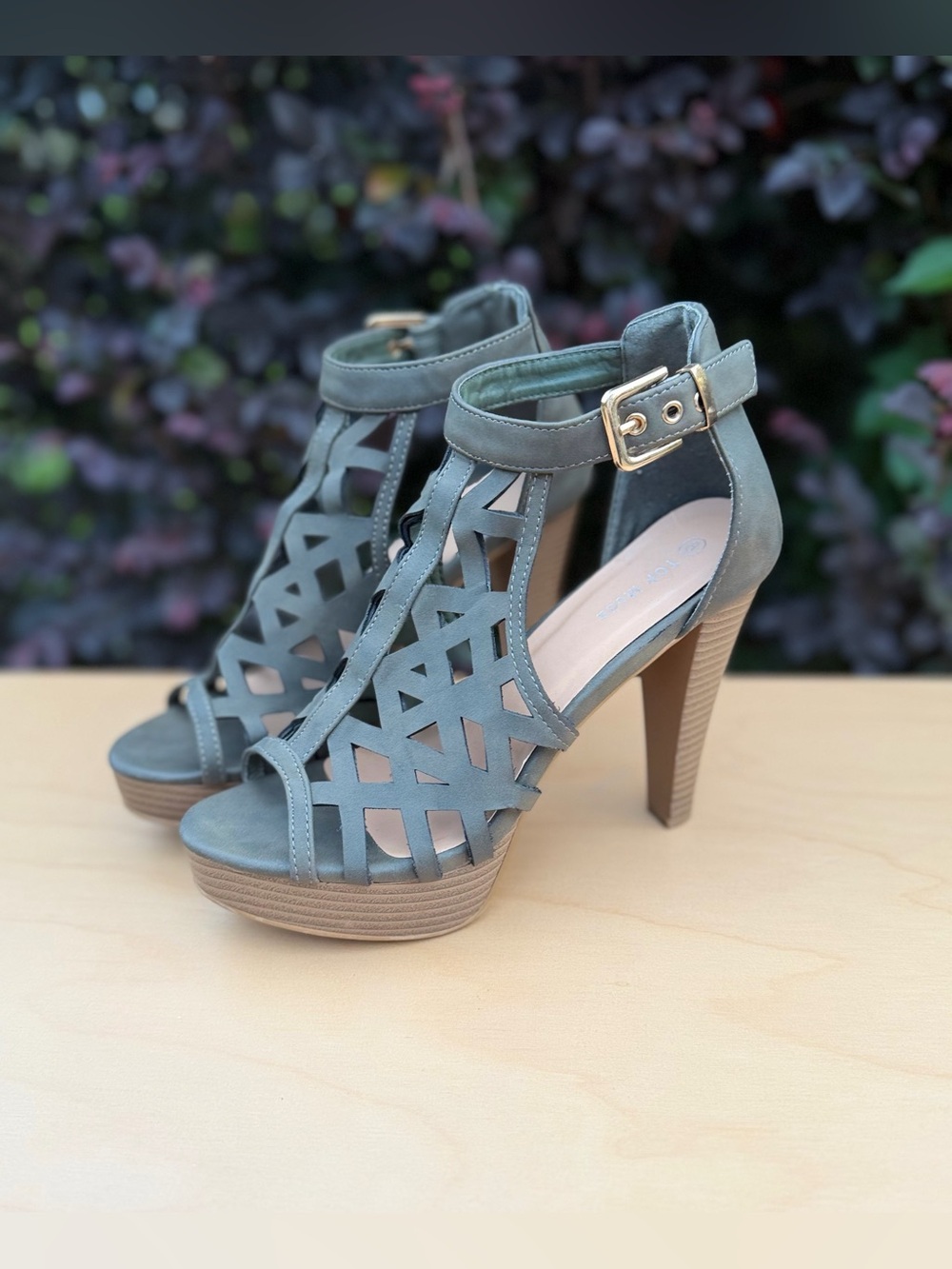Top Moda Olive Caged Gladiator Perforated Cut Out Ankle Strap High Heel Sandal 8
